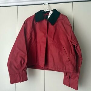 New Women’s Zara waxed Red Jacket with Black Collar. Long sleeve button-down